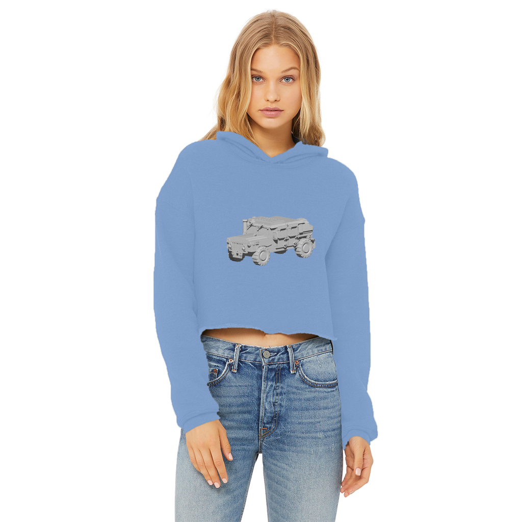 Hummer Vehicle Ladies Cropped Raw Edge Hoodie in various colors, showcasing its stylish design and raw edge hem.