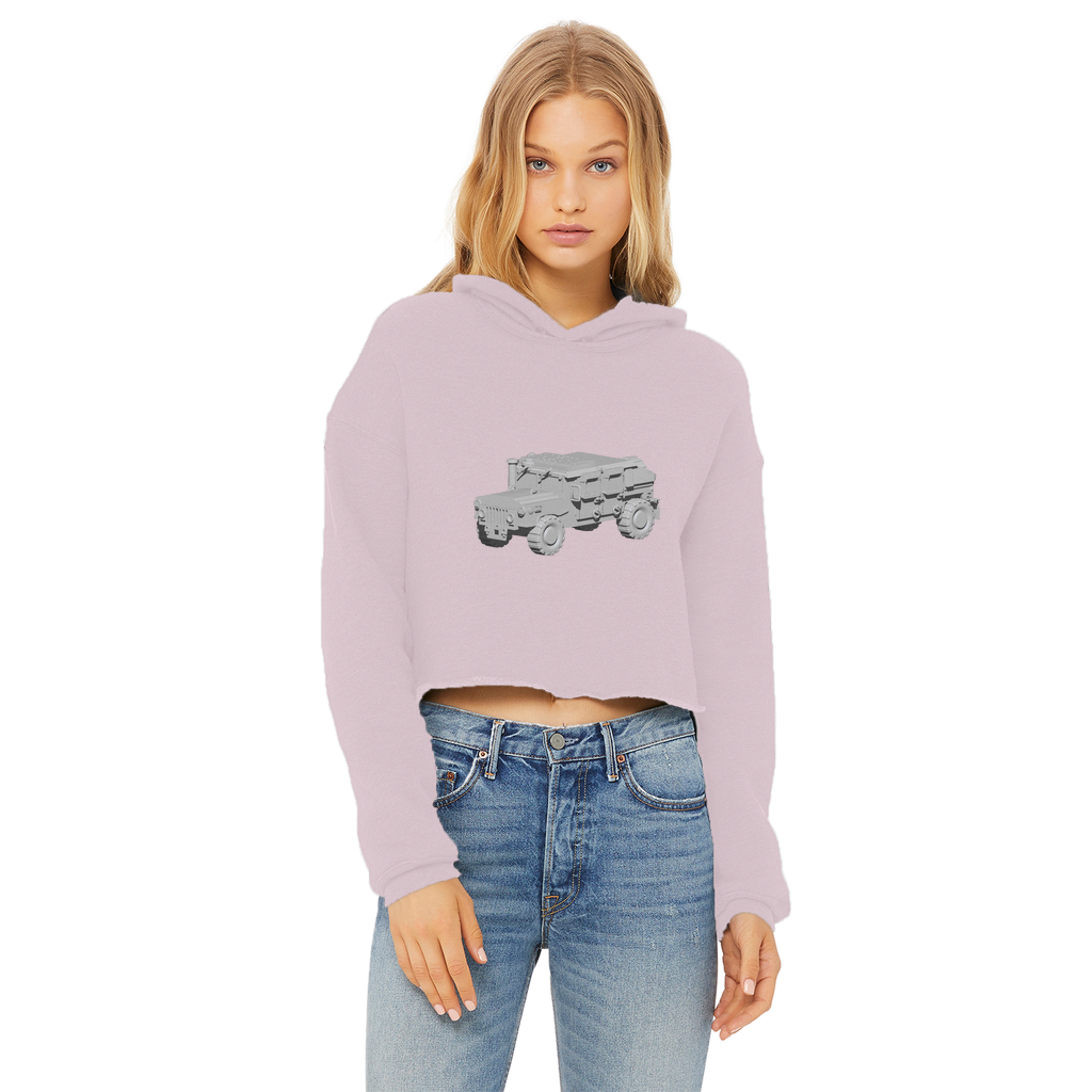 Hummer Vehicle Ladies Cropped Raw Edge Hoodie in various colors, showcasing its stylish design and raw edge hem.