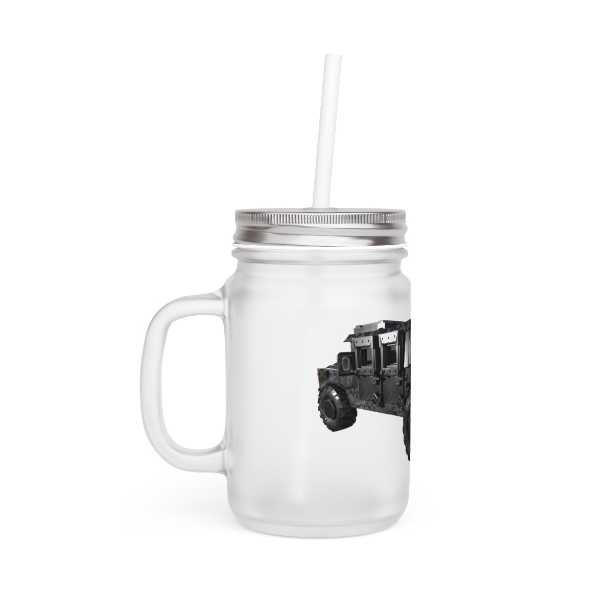 A stylish Hummer Vehicle Mason Jar made of frosted glass, featuring a straw and lid, perfect for personalized drinks.