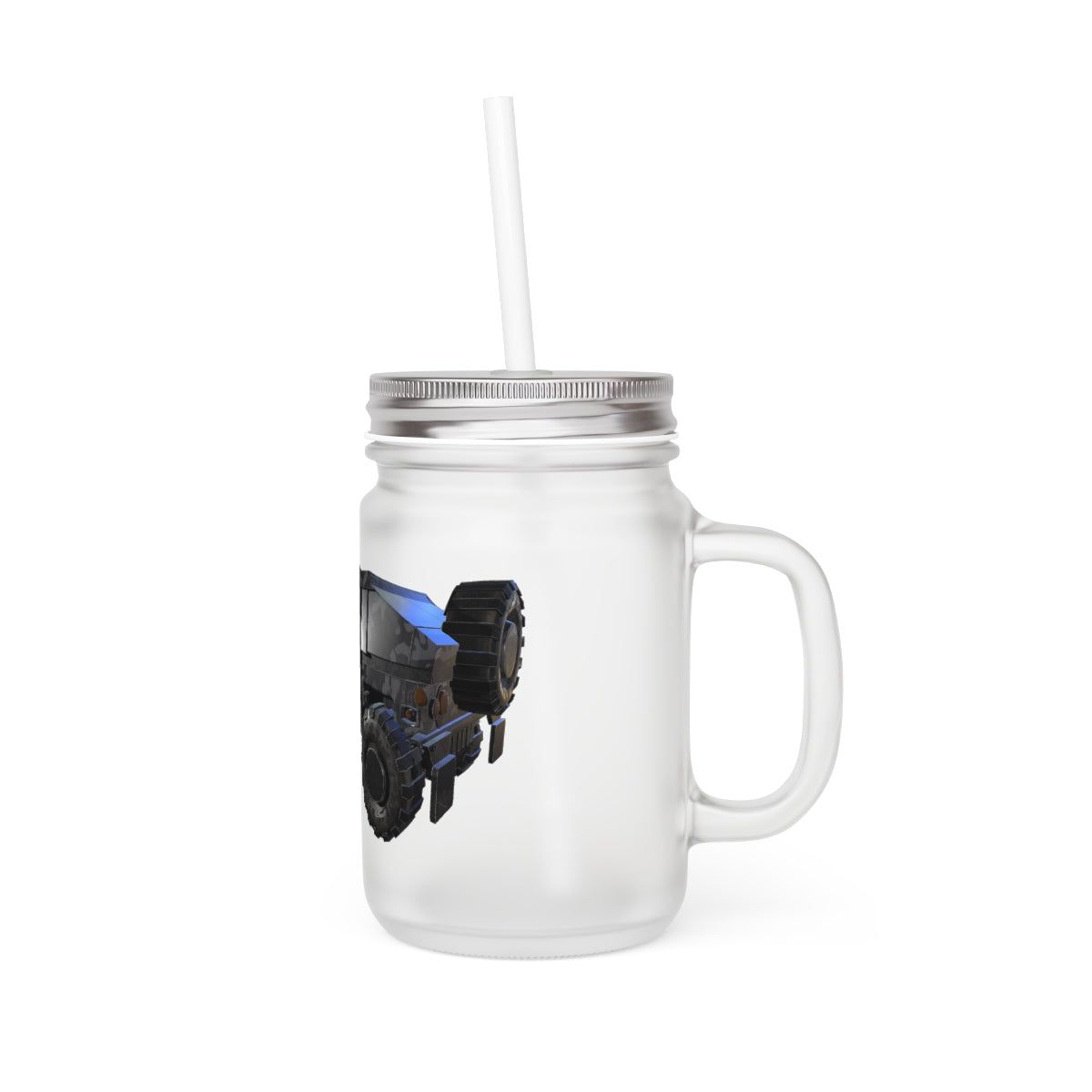 A stylish Hummer Vehicle Mason Jar made of frosted glass, featuring a straw and lid, perfect for personalized drinks.