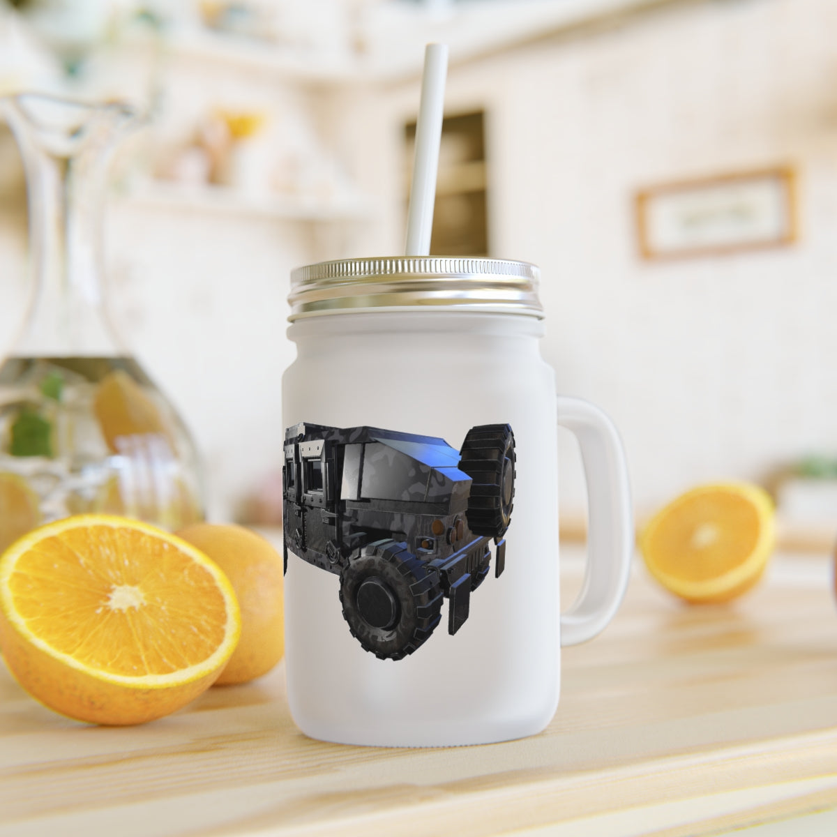 A stylish Hummer Vehicle Mason Jar made of frosted glass, featuring a straw and lid, perfect for personalized drinks.