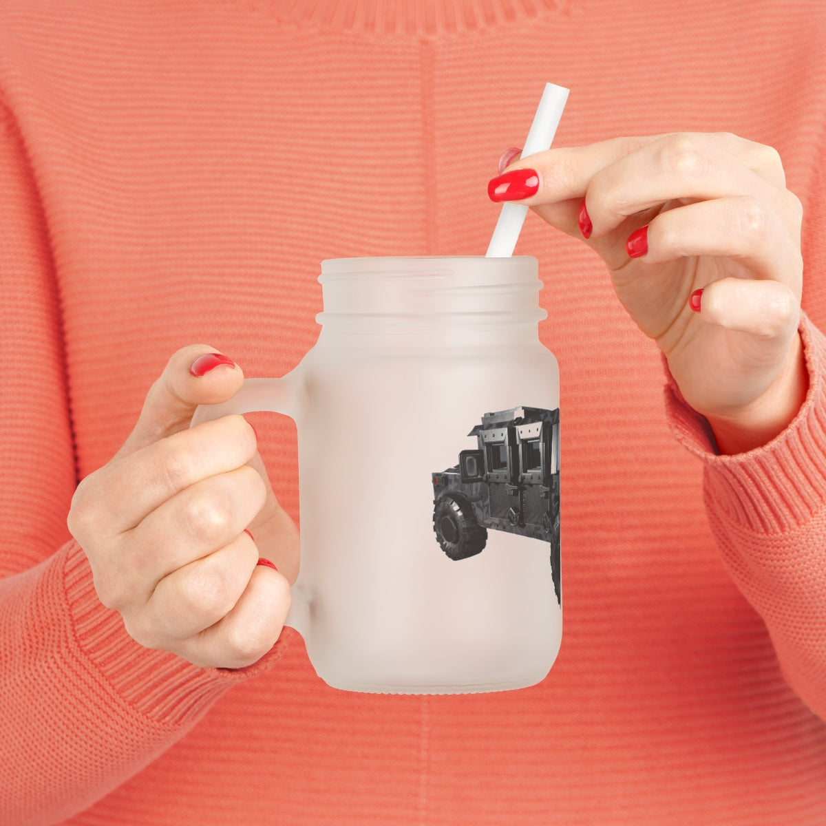 A stylish Hummer Vehicle Mason Jar made of frosted glass, featuring a straw and lid, perfect for personalized drinks.