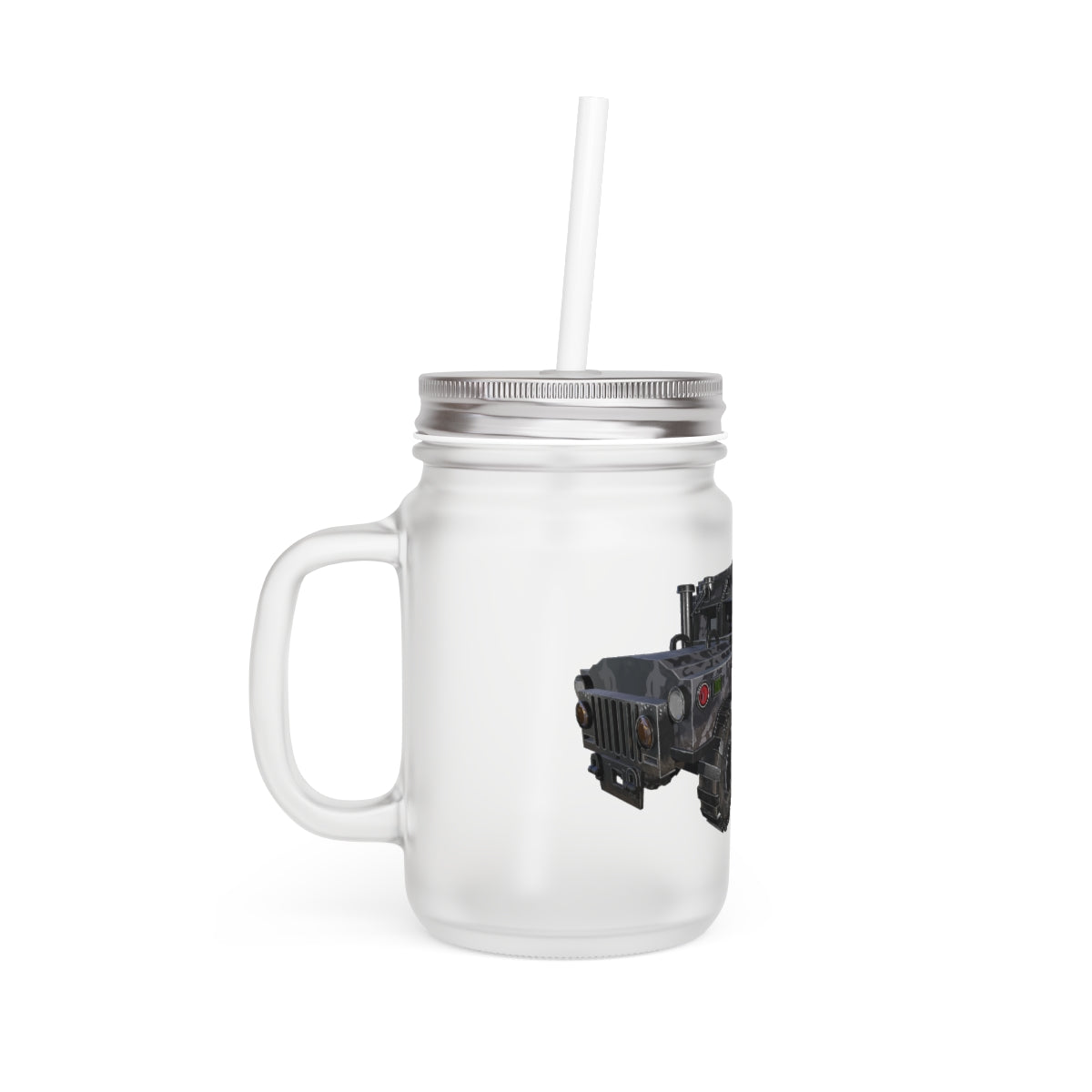 A stylish Hummer Vehicle Mason Jar made of frosted glass, featuring a straw and lid, perfect for personalized drinks.