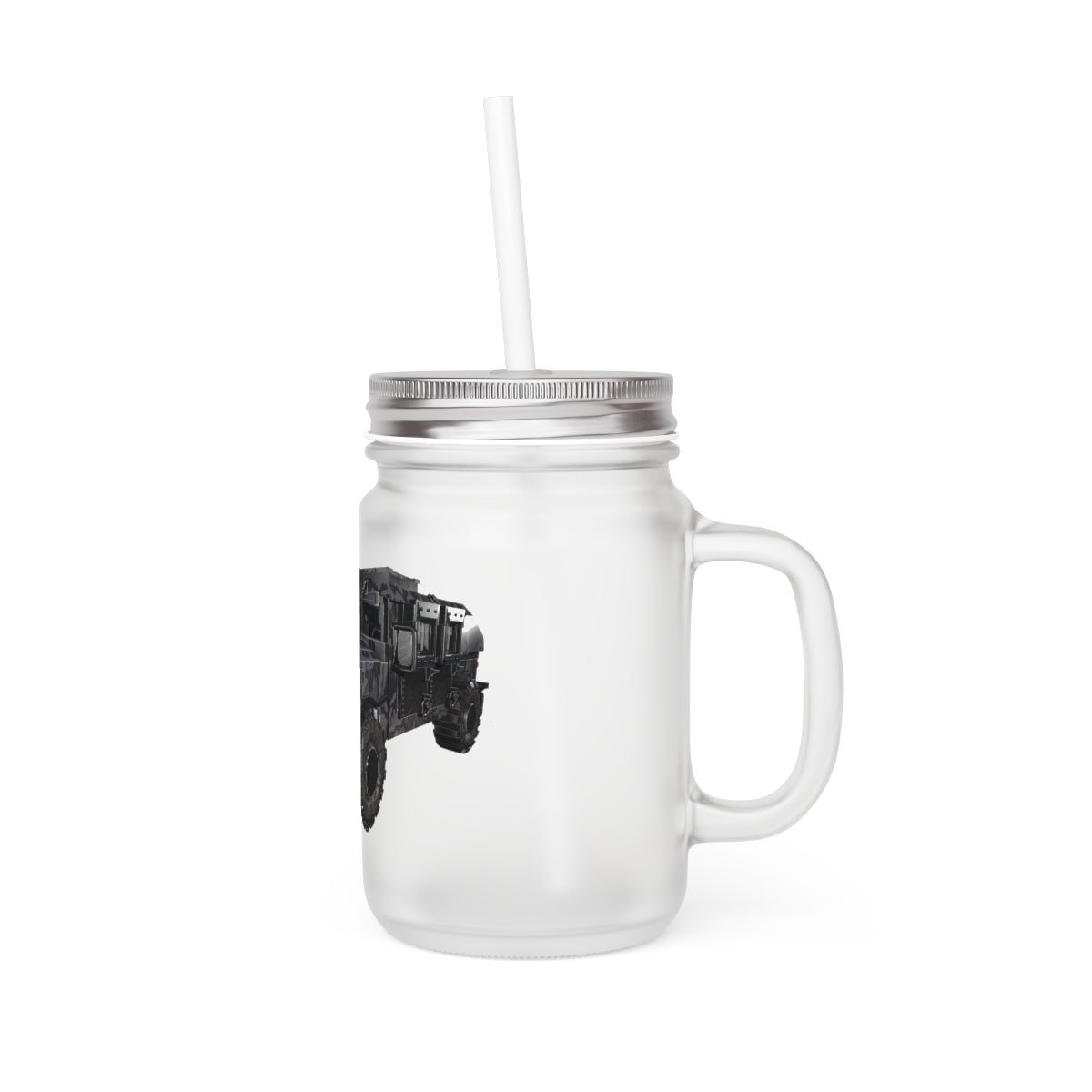 A stylish Hummer Vehicle Mason Jar made of frosted glass, featuring a straw and lid, perfect for personalized drinks.