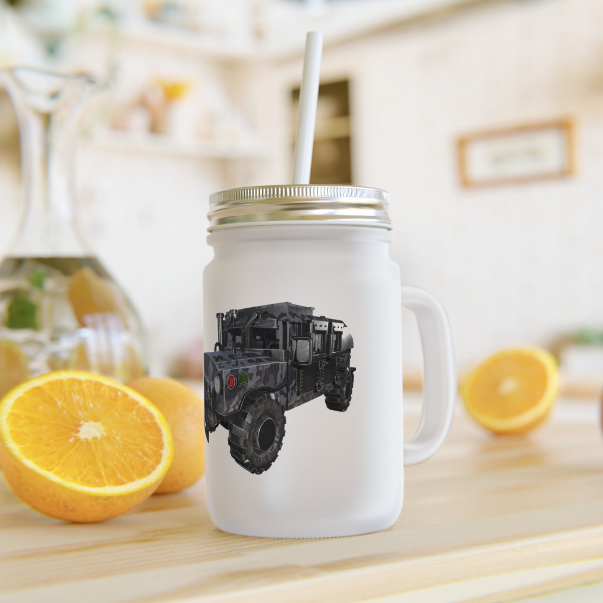 A stylish Hummer Vehicle Mason Jar made of frosted glass, featuring a straw and lid, perfect for personalized drinks.