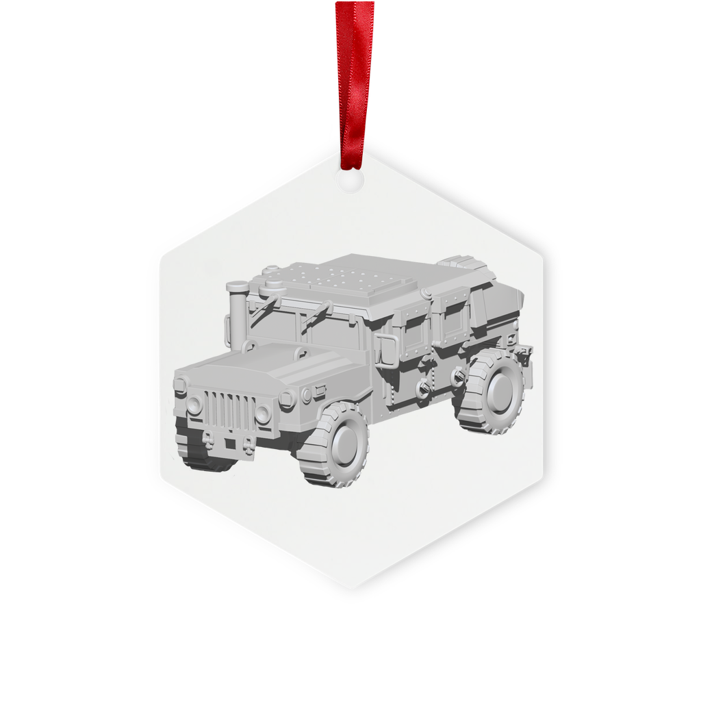 Hummer Vehicle Metal Hanging Ornament in hexagon and star shapes, featuring a red ribbon and gold string, elegantly displayed in a white box.