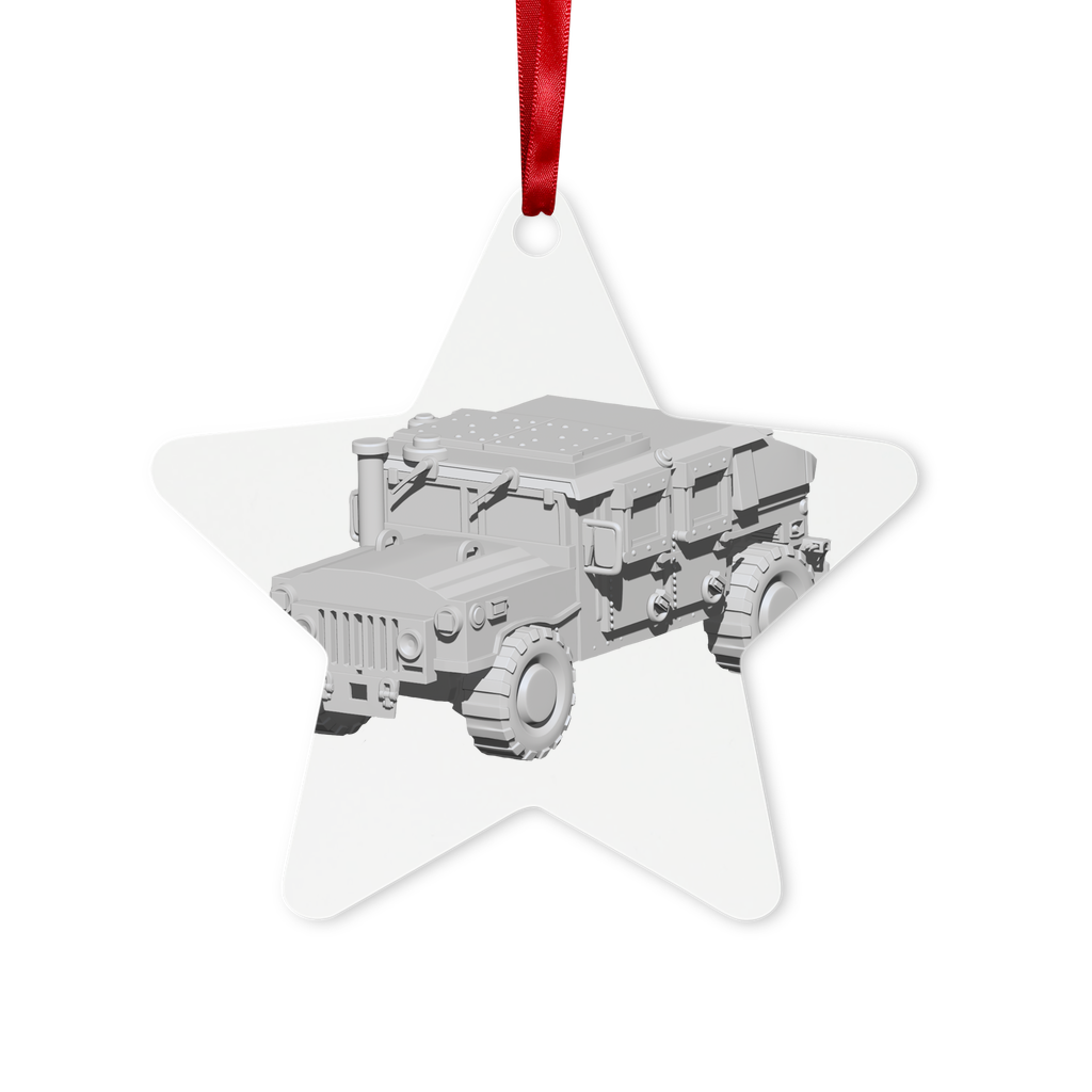 Hummer Vehicle Metal Hanging Ornament in hexagon and star shapes, featuring a red ribbon and gold string, elegantly displayed in a white box.