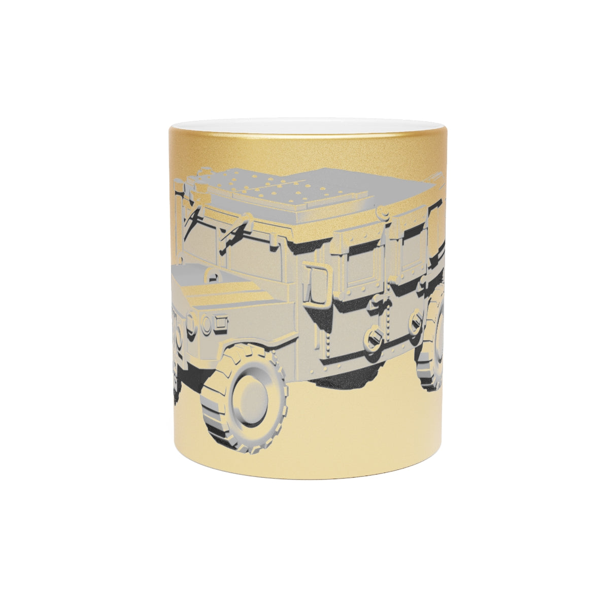 Hummer Vehicle Metallic Mug in Silver and Gold with customizable design options, showcasing a sleek ceramic finish.