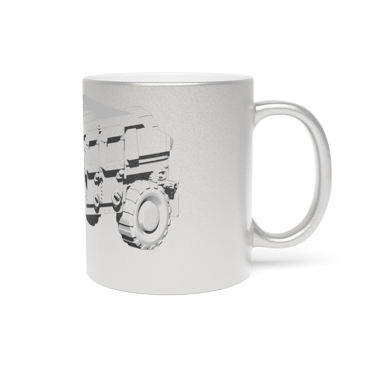 Hummer Vehicle Metallic Mug in Silver and Gold with customizable design options, showcasing a sleek ceramic finish.