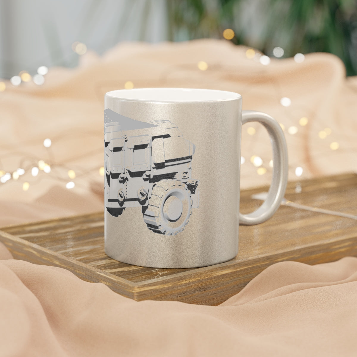 Hummer Vehicle Metallic Mug in Silver and Gold with customizable design options, showcasing a sleek ceramic finish.