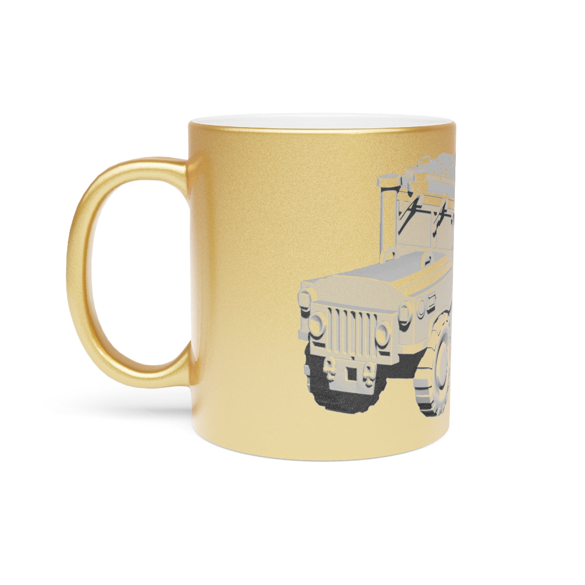 Hummer Vehicle Metallic Mug in Silver and Gold with customizable design options, showcasing a sleek ceramic finish.