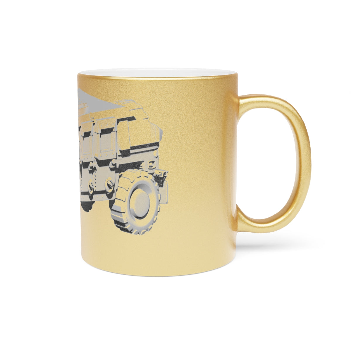 Hummer Vehicle Metallic Mug in Silver and Gold with customizable design options, showcasing a sleek ceramic finish.