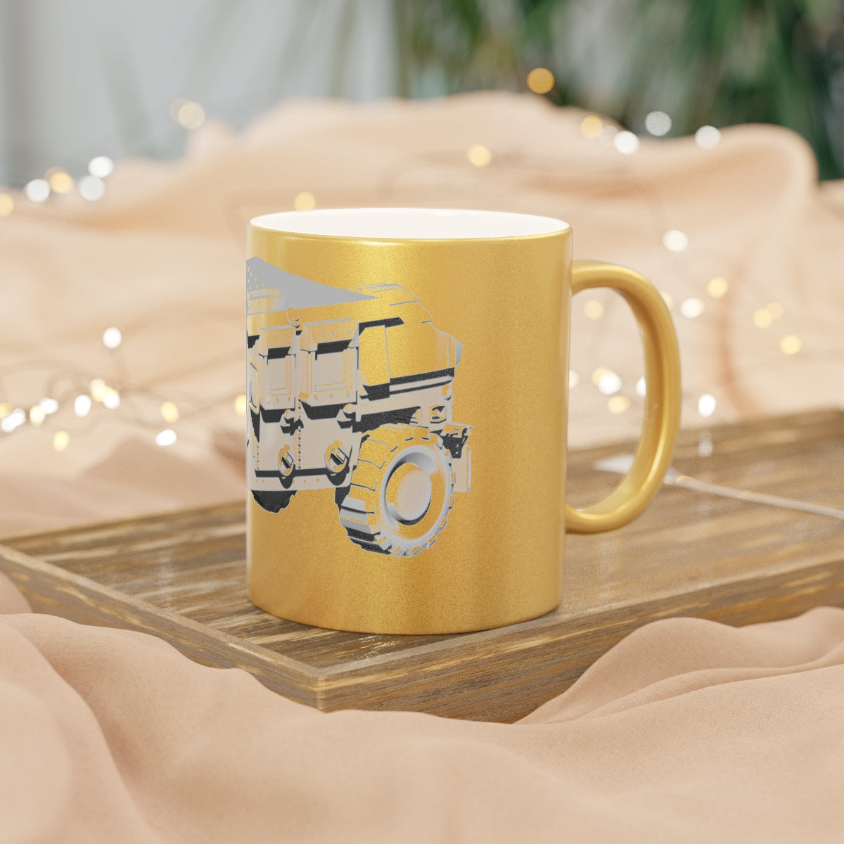 Hummer Vehicle Metallic Mug in Silver and Gold with customizable design options, showcasing a sleek ceramic finish.