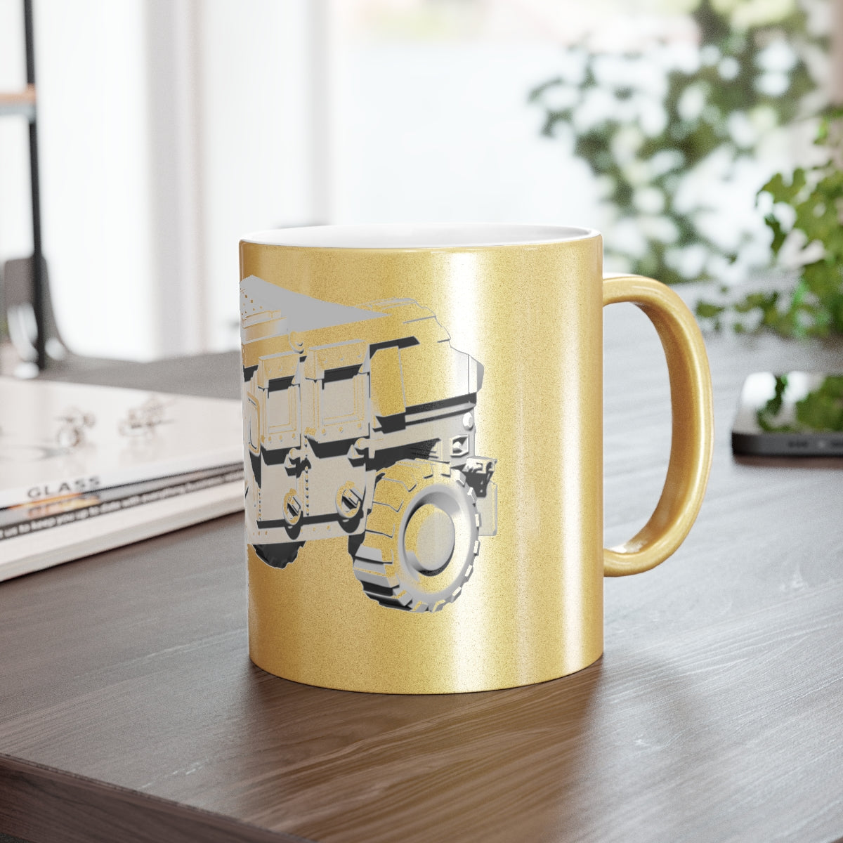 Hummer Vehicle Metallic Mug in Silver and Gold with customizable design options, showcasing a sleek ceramic finish.