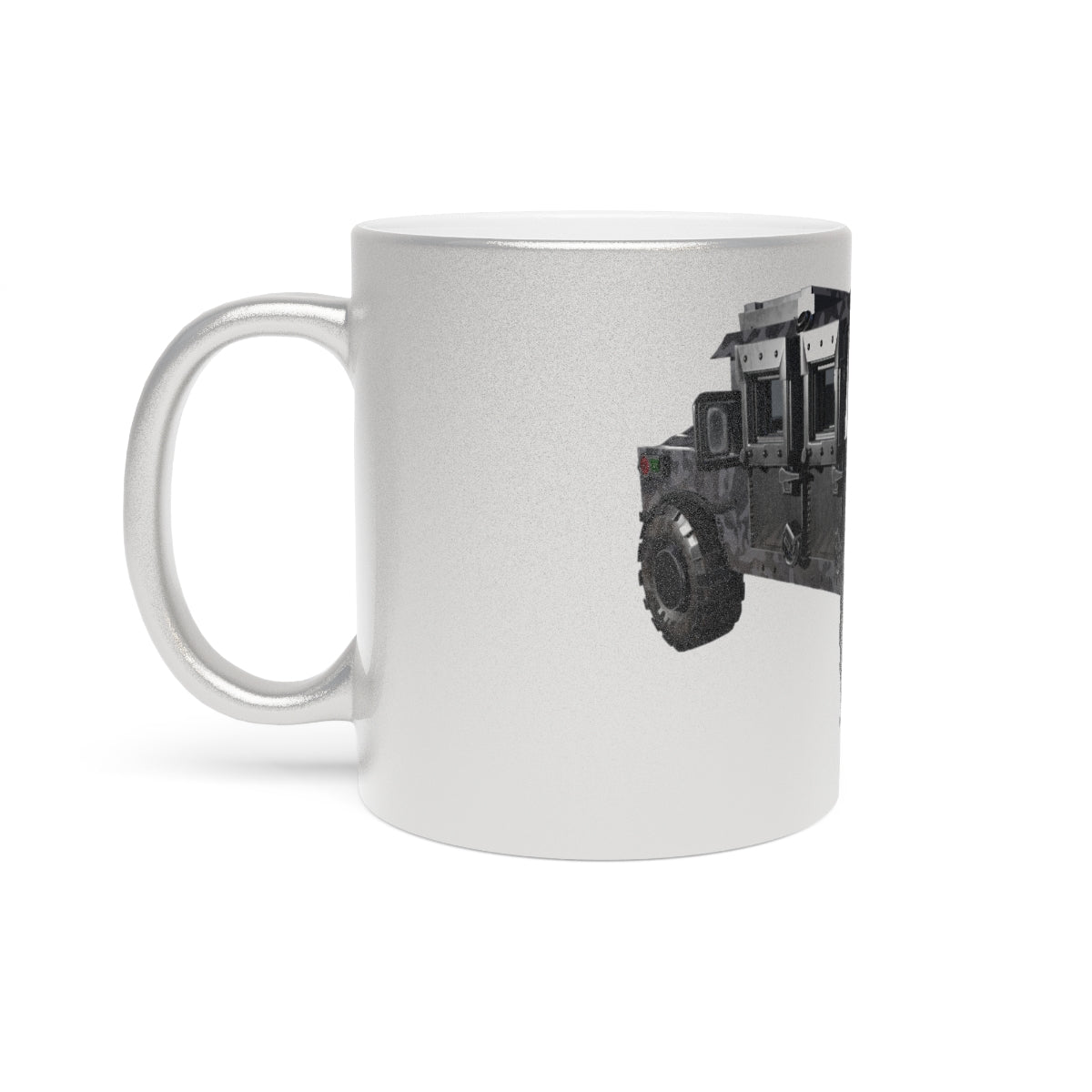 Hummer Vehicle Metallic Mug in Silver and Gold, showcasing a sleek design with customizable sides.