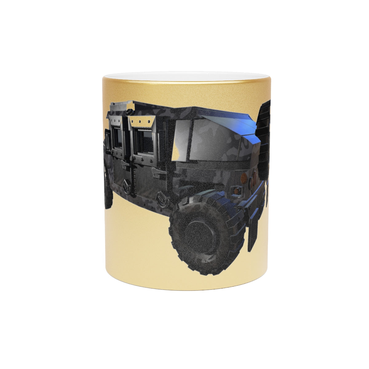 Hummer Vehicle Metallic Mug in Silver and Gold, showcasing a sleek design with customizable sides.