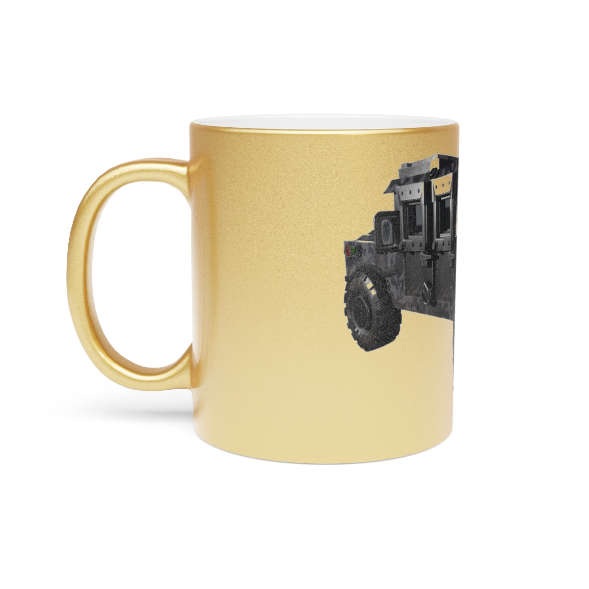 Hummer Vehicle Metallic Mug in Silver and Gold, showcasing a sleek design with customizable sides.