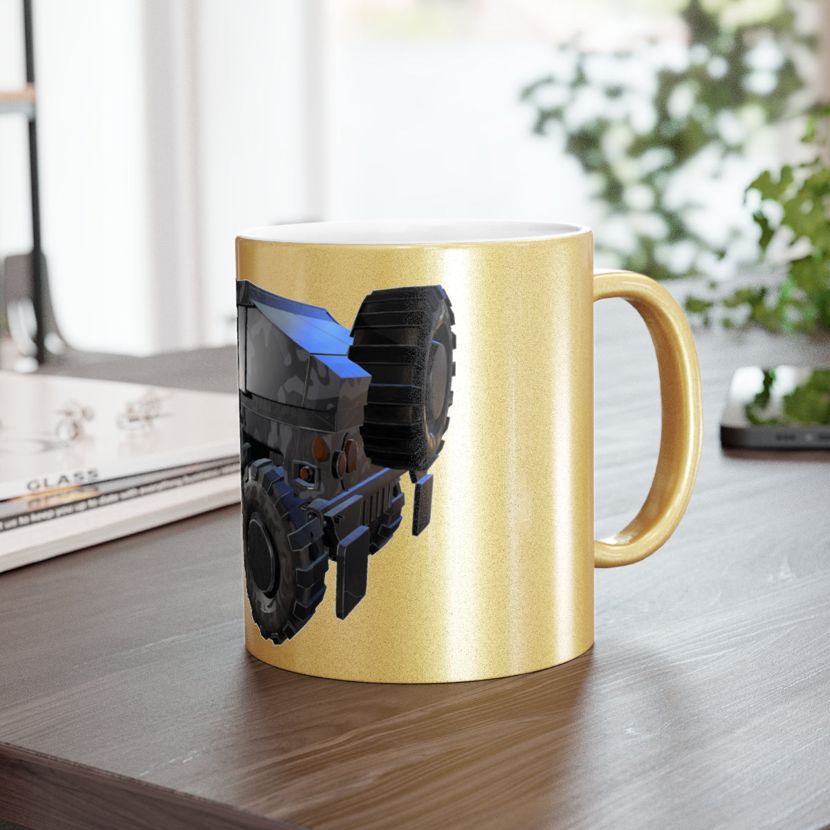 Hummer Vehicle Metallic Mug in Silver and Gold, showcasing a sleek design with customizable sides.