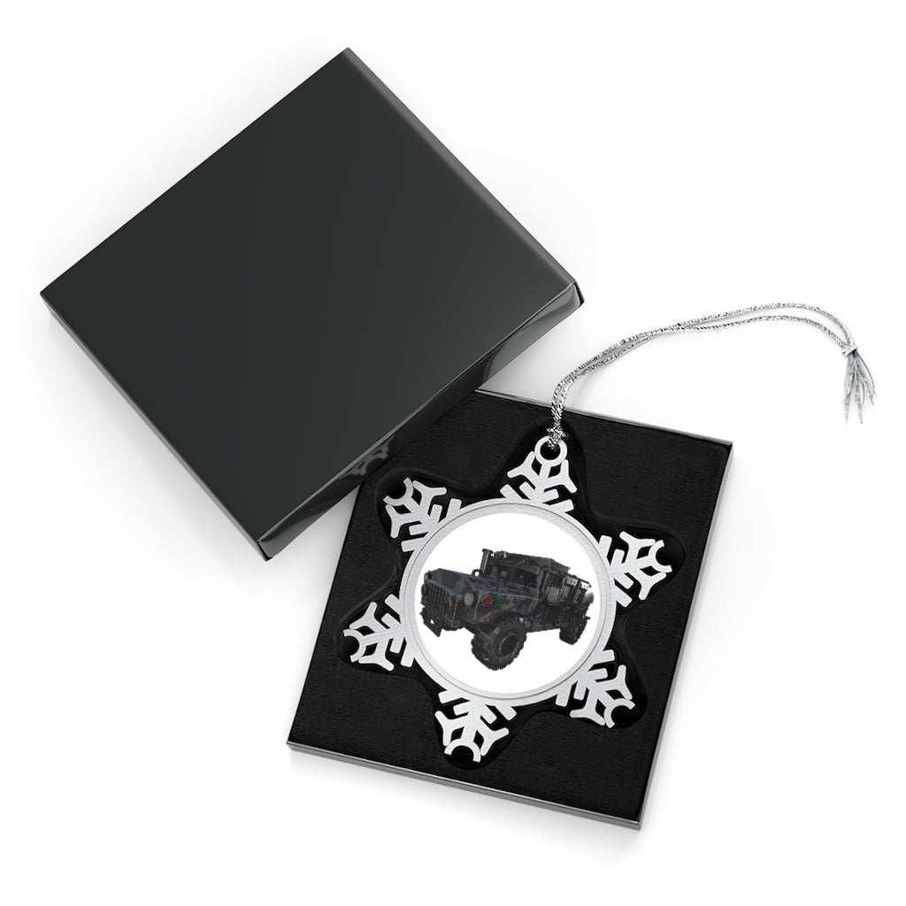 Hummer Vehicle Pewter Snowflake Ornament with silver-toned hanging string, showcasing intricate snowflake design.