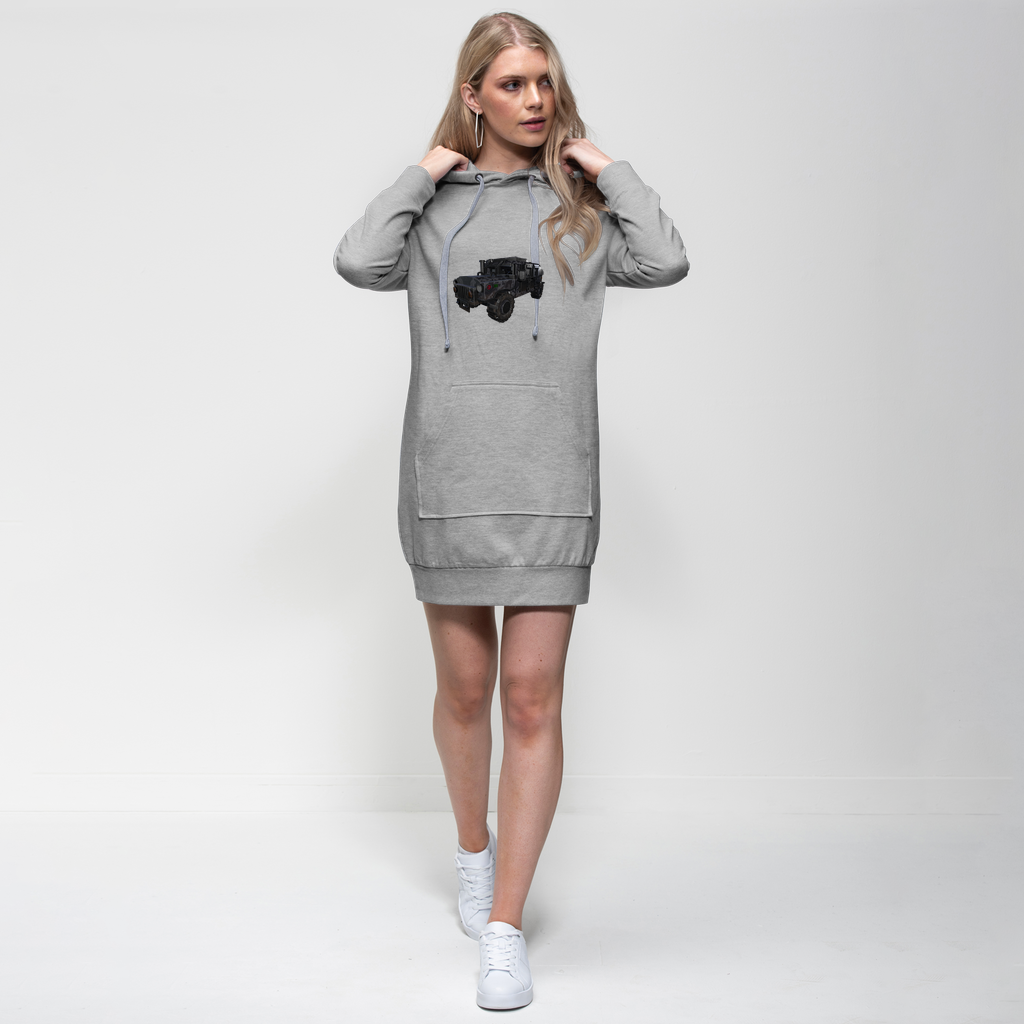 Hummer Vehicle Premium Adult Hoodie Dress featuring a relaxed fit, hood, and kangaroo pocket, displayed in various colors.