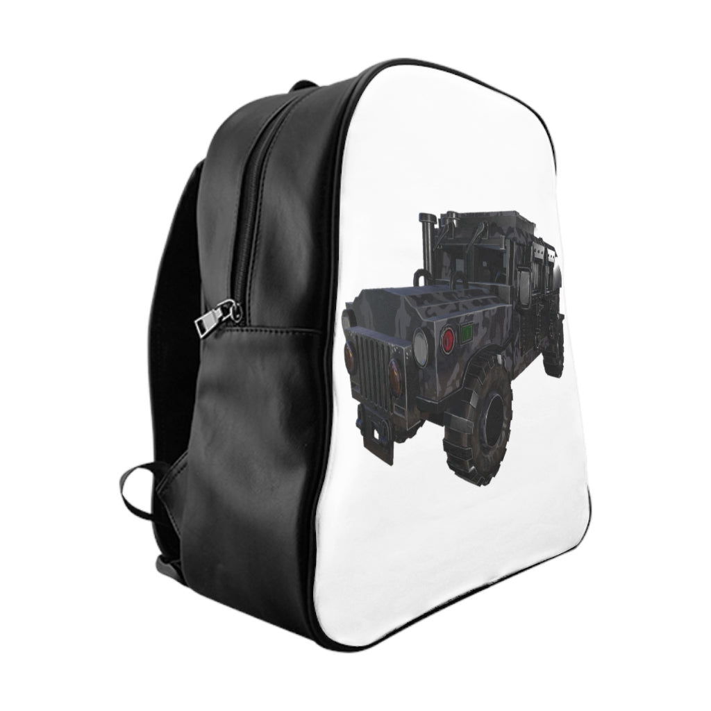 Hummer Vehicle School Backpack featuring PU leather, chocolate brown lining, and padded back for comfort.