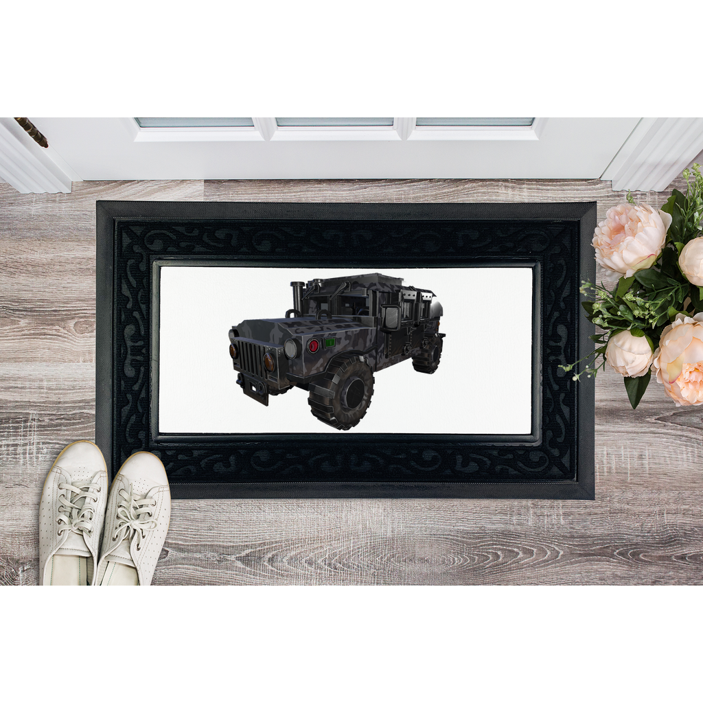 Hummer Vehicle Sublimation Heavy Duty Door Mat with a stylish fabric brush border and non-slip rubber base, featuring a removable printable center.