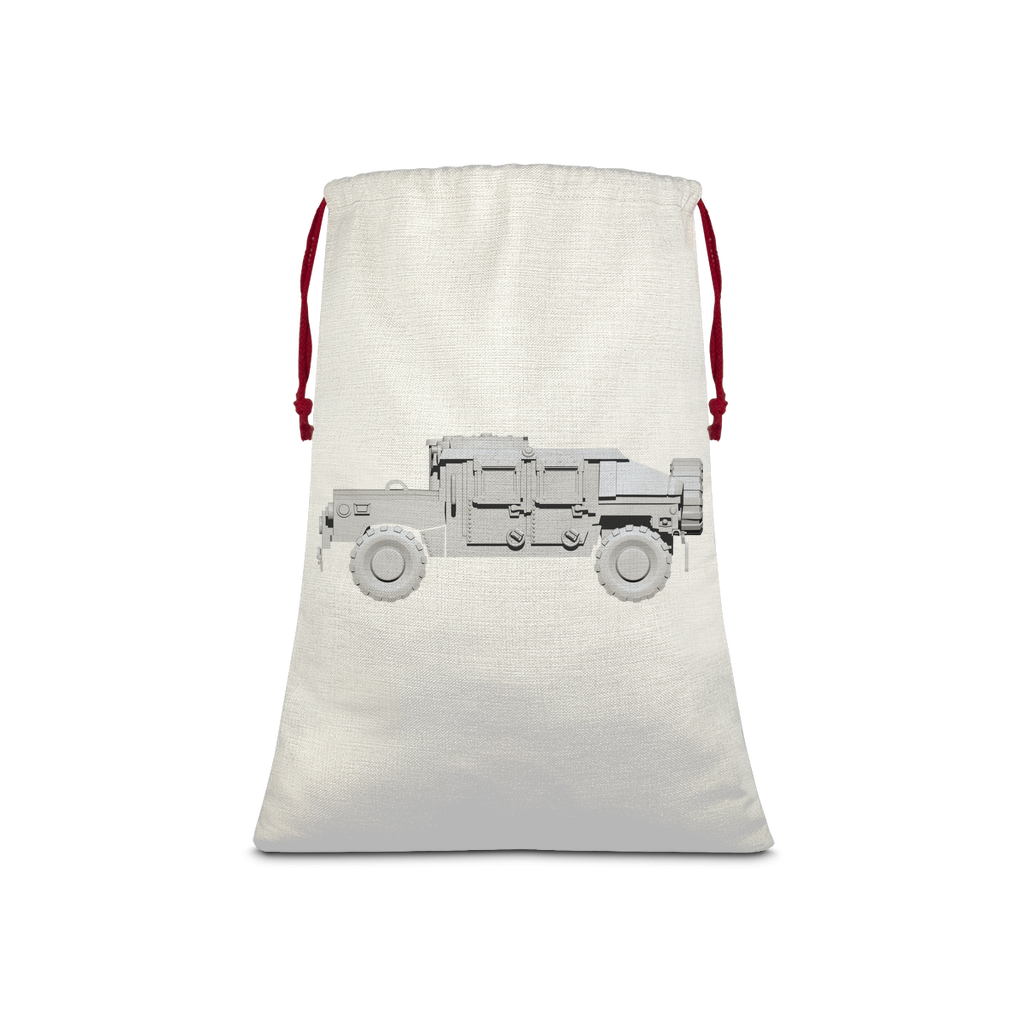 Hummer Vehicle Sublimation Linen Drawstring Sack with red drawstring, showcasing its linen texture and eco-friendly print.