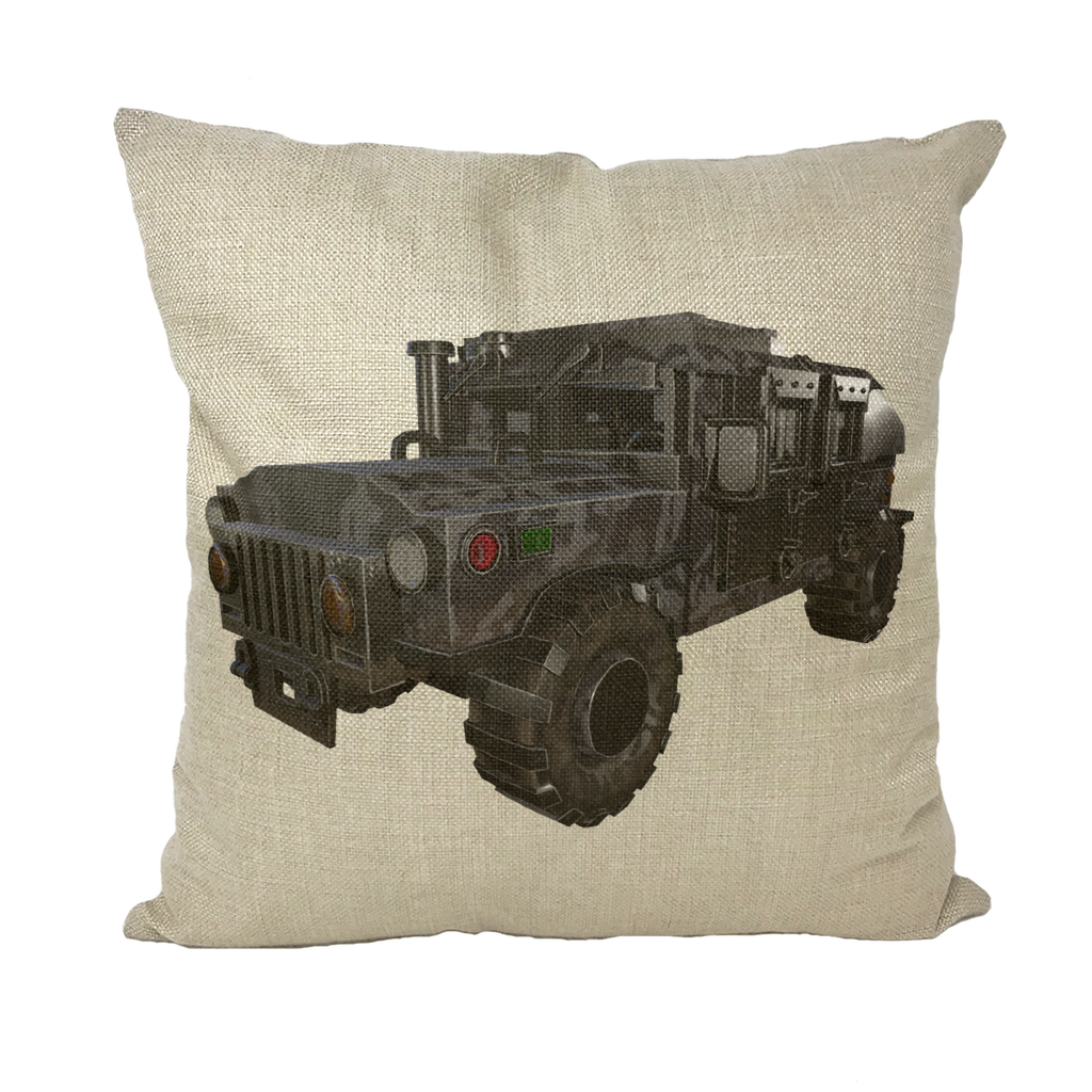 Hummer Vehicle Throw Pillows in various styles including linen, canvas, and suede, showcasing their vibrant designs and textures.