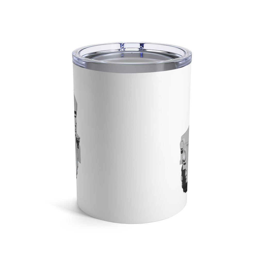 Hummer Vehicle Tumbler 10oz in stainless steel with a see-thru plastic lid, showcasing its sleek design and rounded corners.