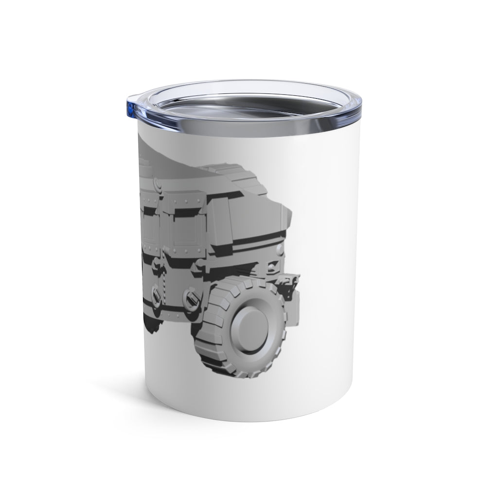 Hummer Vehicle Tumbler 10oz in stainless steel with a see-thru plastic lid, showcasing its sleek design and rounded corners.