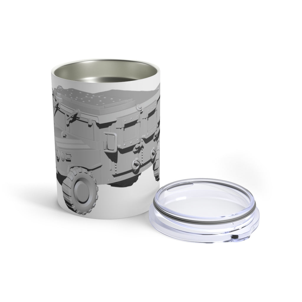 Hummer Vehicle Tumbler 10oz in stainless steel with a see-thru plastic lid, showcasing its sleek design and rounded corners.