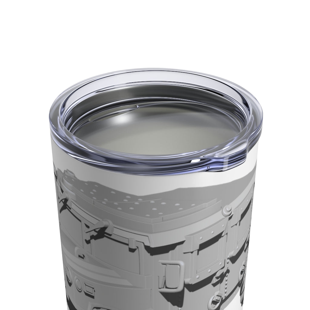 Hummer Vehicle Tumbler 10oz in stainless steel with a see-thru plastic lid, showcasing its sleek design and rounded corners.