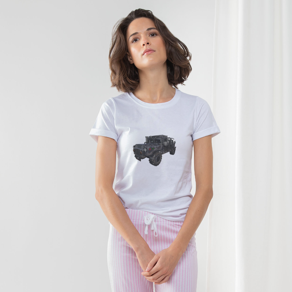 Hummer Vehicle Women's Long Pant Pyjama Set featuring a white t-shirt, heather grey striped pants, and a matching drawcord bag.