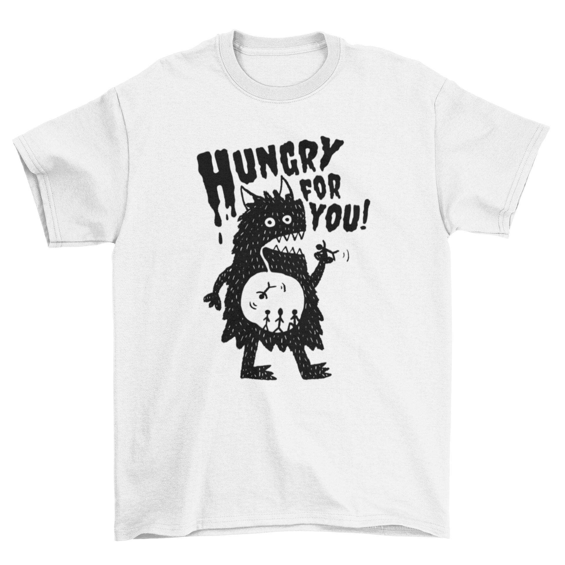 A playful t-shirt featuring a colorful monster eating people with the quote 'Hungry for you!'