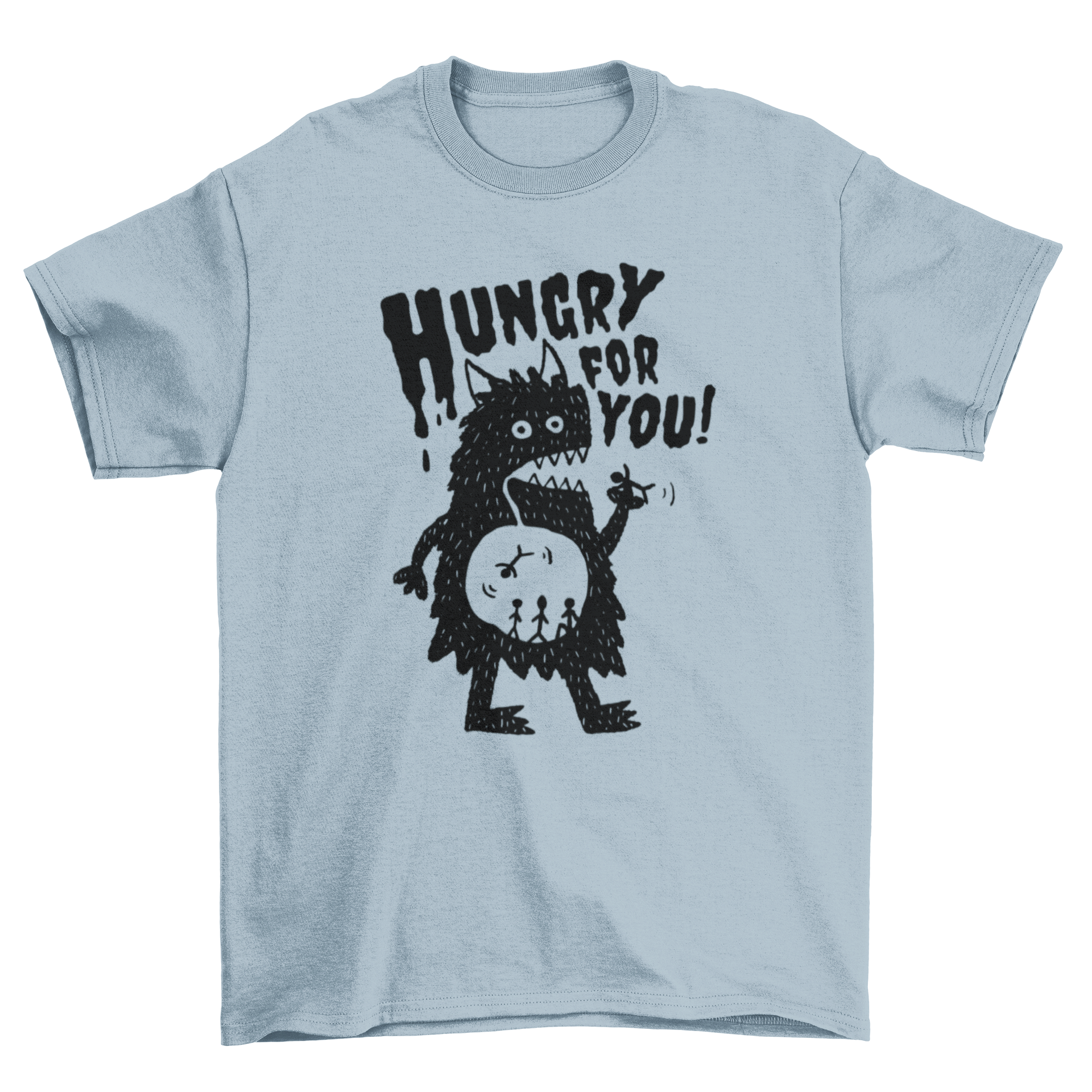 A playful t-shirt featuring a colorful monster eating people with the quote 'Hungry for you!'