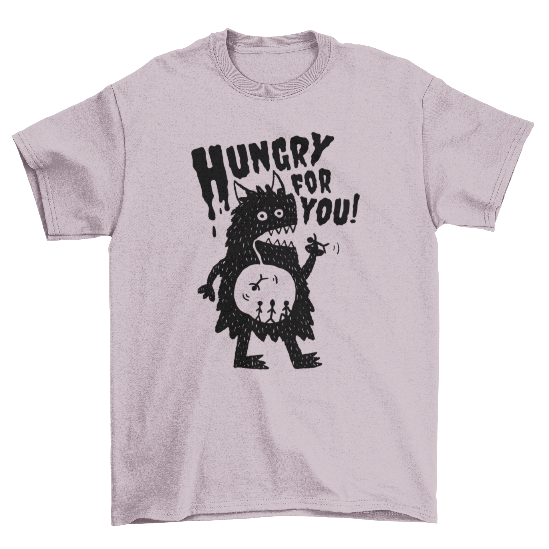 A playful t-shirt featuring a colorful monster eating people with the quote 'Hungry for you!'