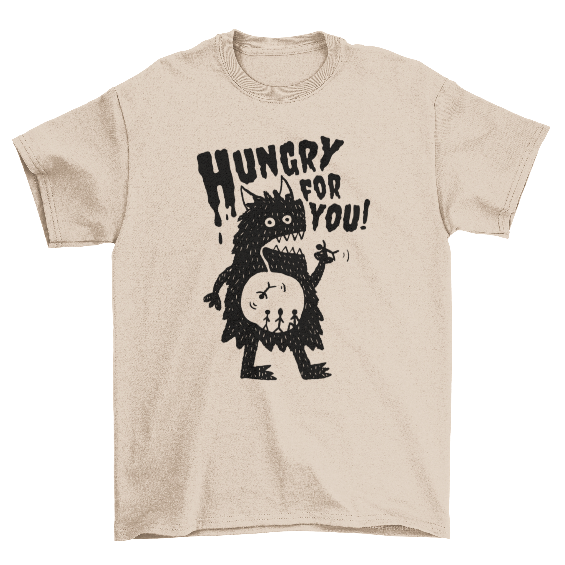 A playful t-shirt featuring a colorful monster eating people with the quote 'Hungry for you!'