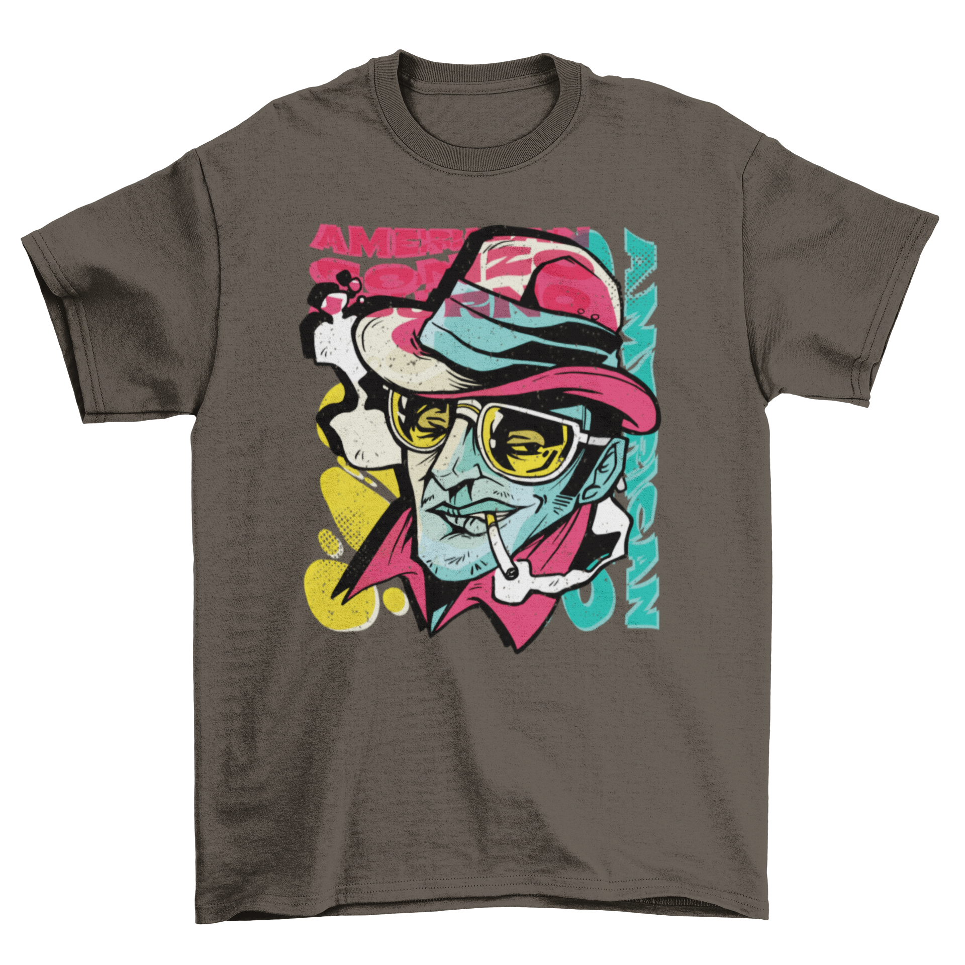 Colorful graffiti-style t-shirt featuring Hunter S. Thompson's portrait, showcasing vibrant artistic design.