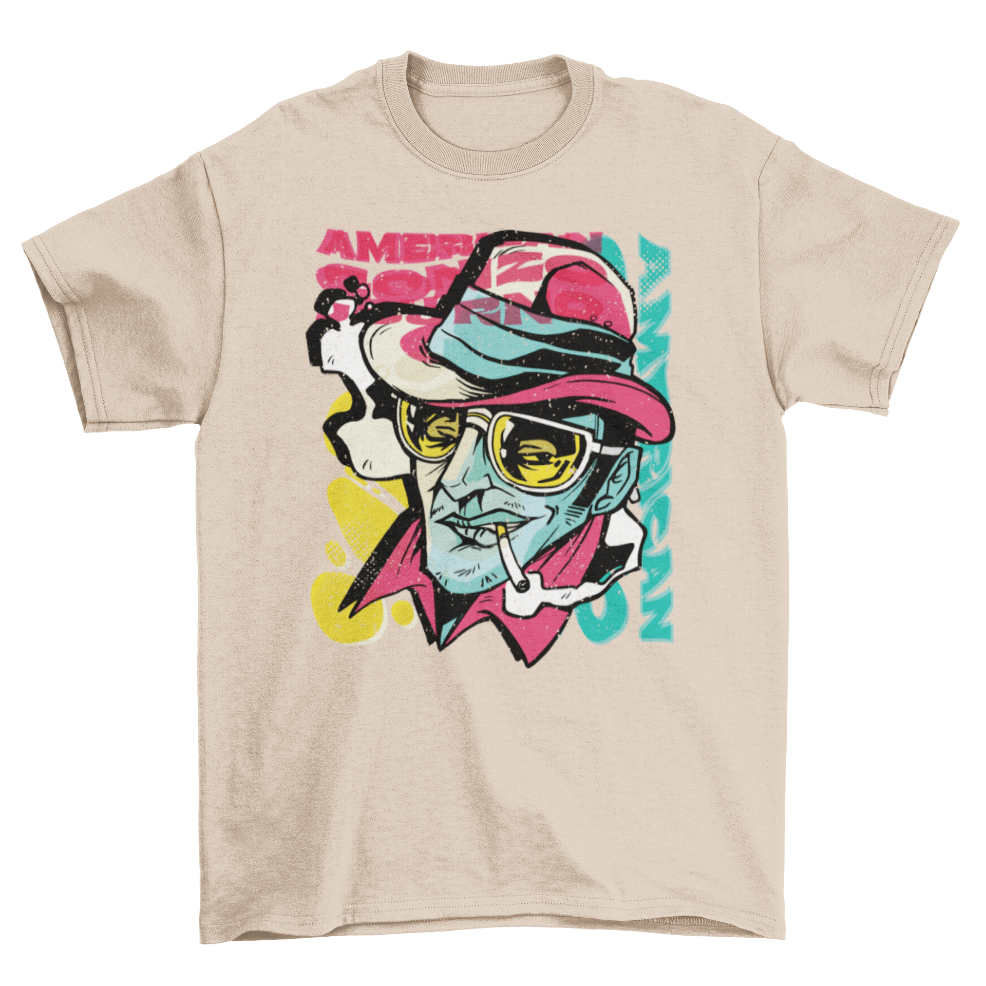 Colorful graffiti-style t-shirt featuring Hunter S. Thompson's portrait, showcasing vibrant artistic design.