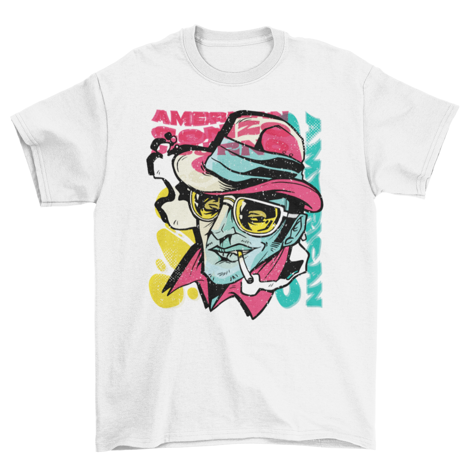 Colorful graffiti-style t-shirt featuring Hunter S. Thompson's portrait, showcasing vibrant artistic design.