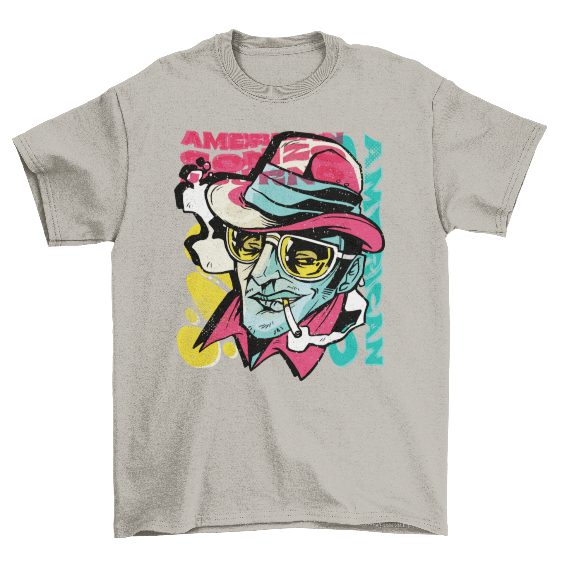 Colorful graffiti-style t-shirt featuring Hunter S. Thompson's portrait, showcasing vibrant artistic design.