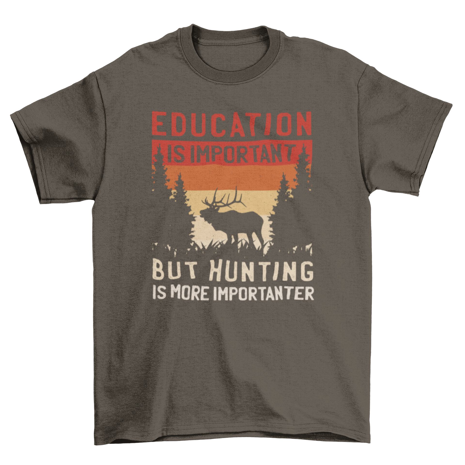 Hunting is Importanter T-Shirt featuring a moose silhouette against a retro sunset background with a humorous quote.