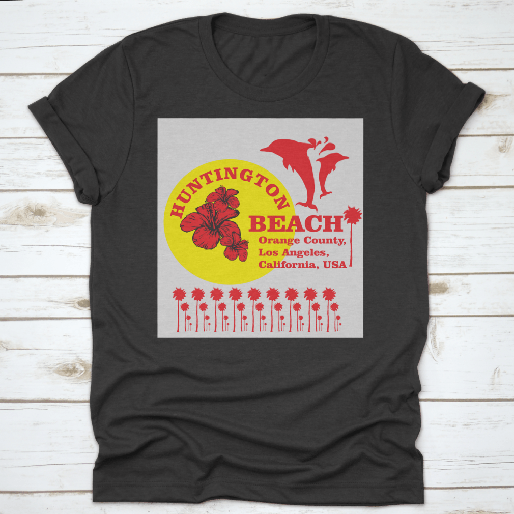 Huntington Beach Graphic Design T-shirt featuring a dolphin vector art, showcasing a stylish and comfortable design for beach lovers.