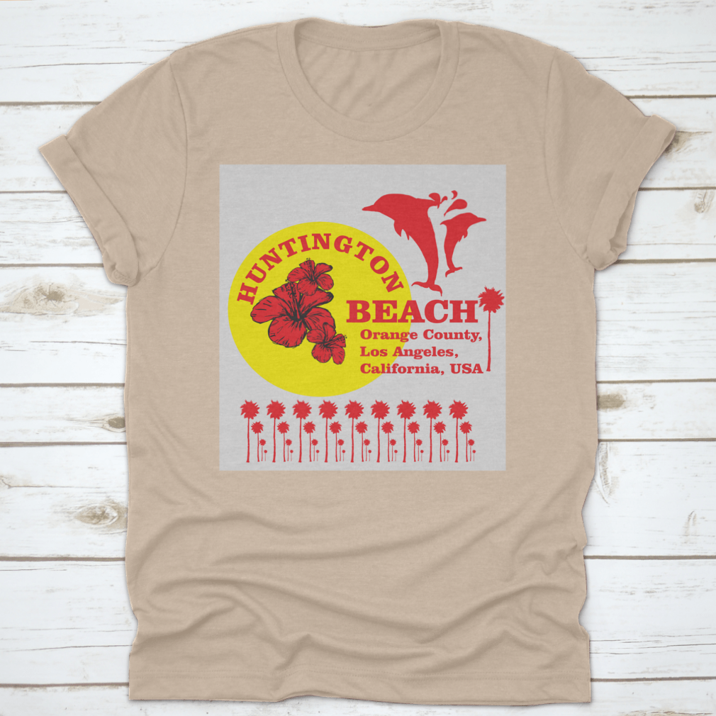 Huntington Beach Graphic Design T-shirt featuring a dolphin vector art, showcasing a stylish and comfortable design for beach lovers.