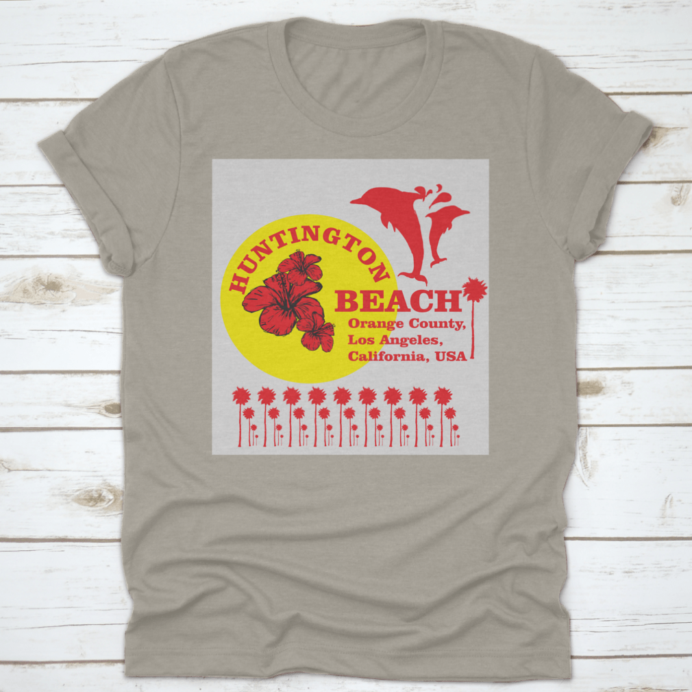 Huntington Beach Graphic Design T-shirt featuring a dolphin vector art, showcasing a stylish and comfortable design for beach lovers.