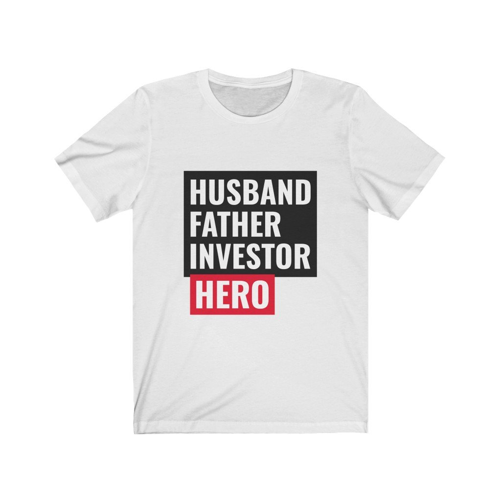 Husband, Father, Investor, Hero T-Shirt displayed on a mannequin, showcasing its soft cotton fabric and stylish design.