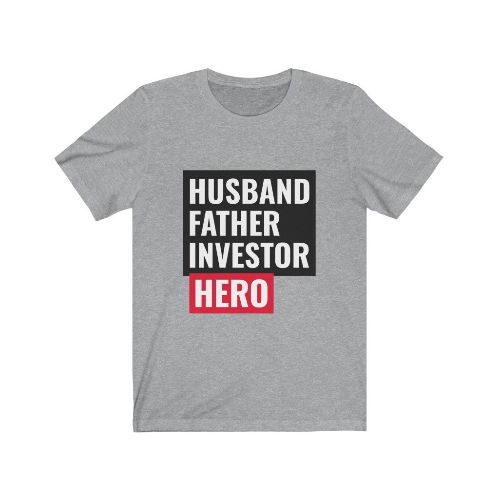 Husband, Father, Investor, Hero T-Shirt displayed on a mannequin, showcasing its soft cotton fabric and stylish design.