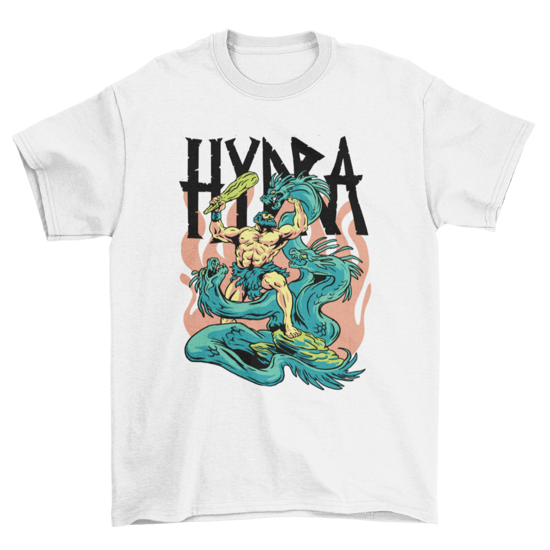 A stylish t-shirt featuring a hero battling the Hydra, a mythical Greek monster, showcasing vibrant colors and intricate design.