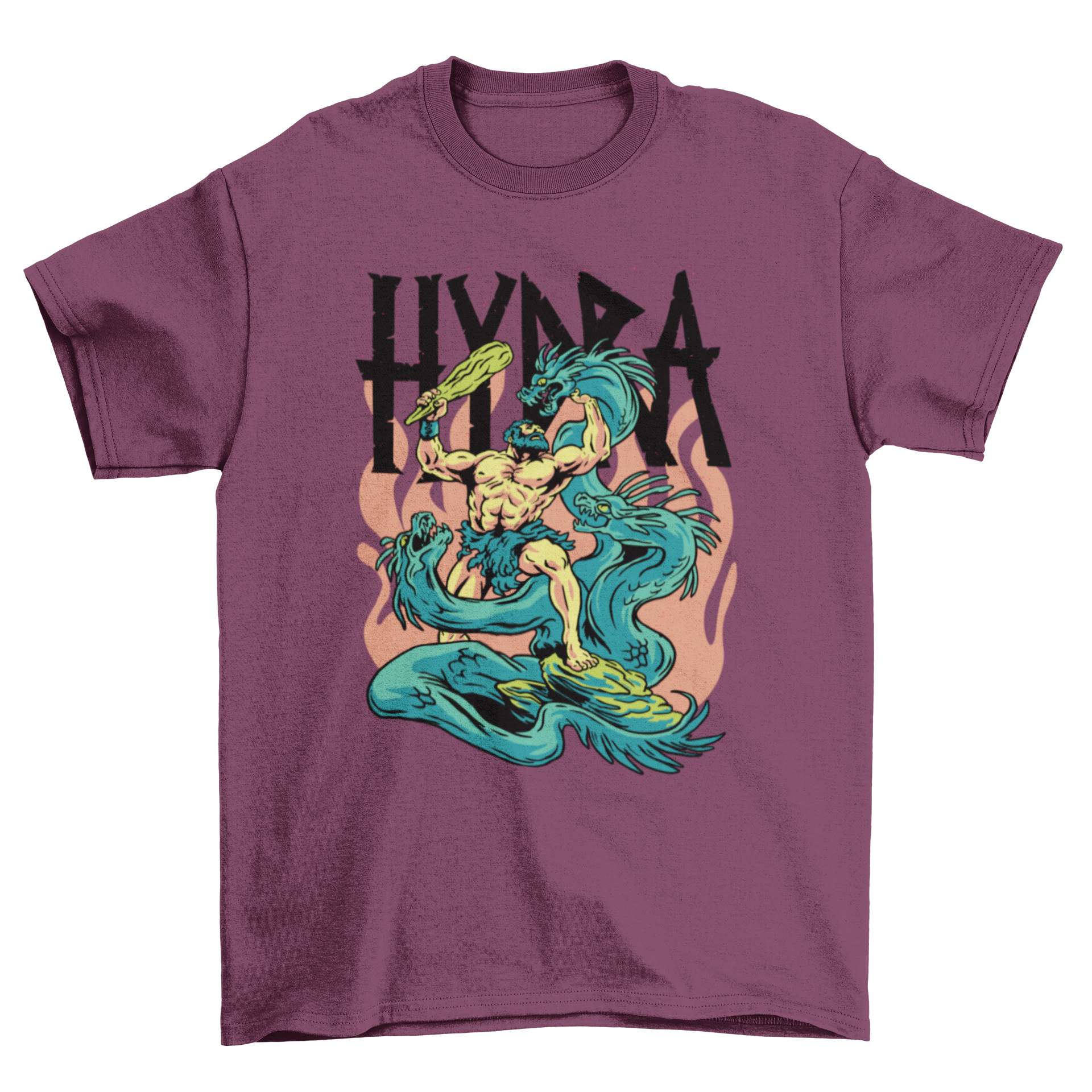 A stylish t-shirt featuring a hero battling the Hydra, a mythical Greek monster, showcasing vibrant colors and intricate design.