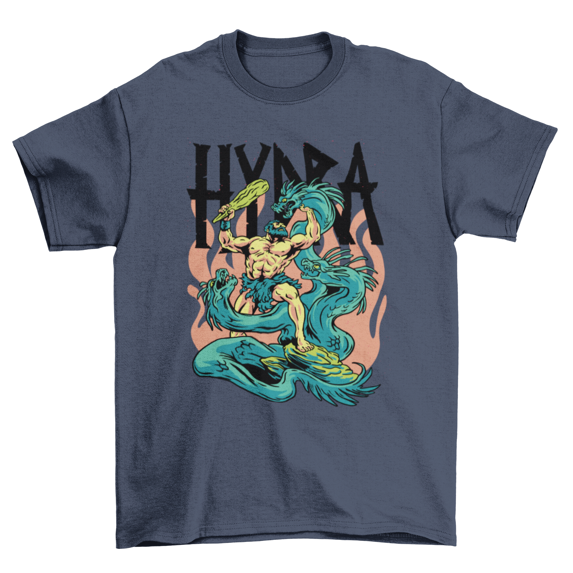 A stylish t-shirt featuring a hero battling the Hydra, a mythical Greek monster, showcasing vibrant colors and intricate design.